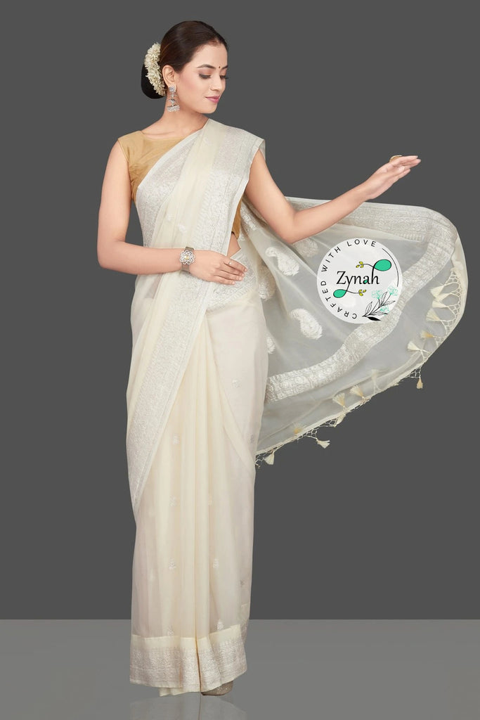 Zynah Pure Banarasi Handloom Khaddi Georgette Saree with Zari Border & Butis; Custom Stitched/Ready-made Blouse, Fall, Petticoat; Shipping available USA, Worldwide