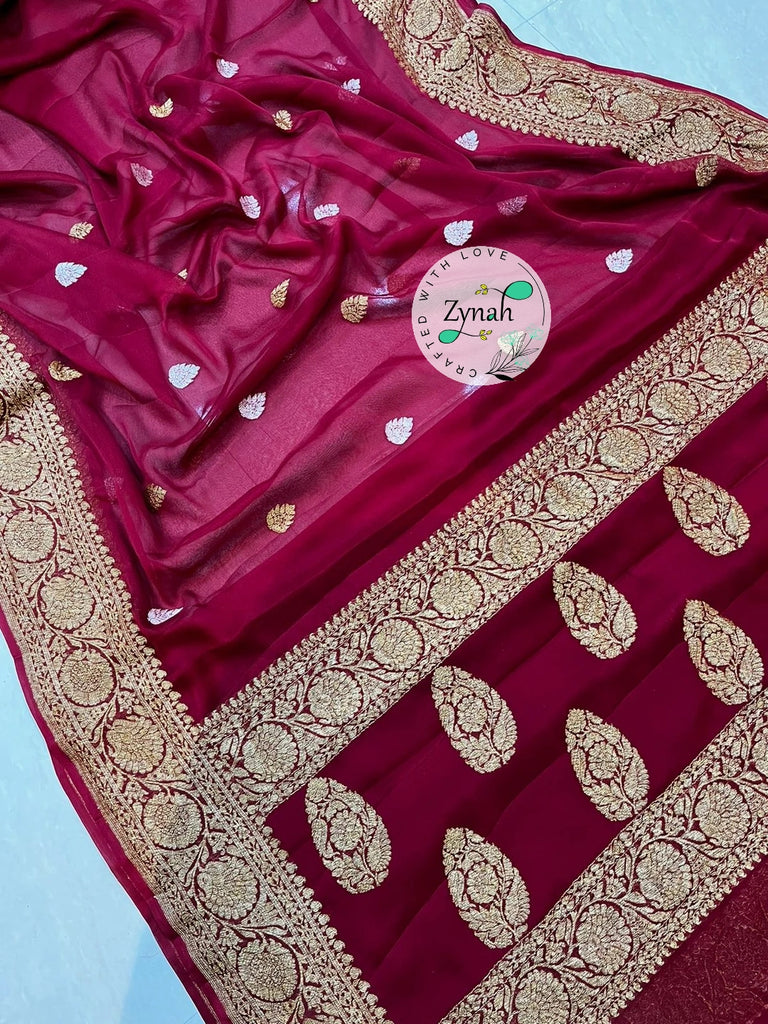 Zynah Pure Banarasi Handloom Khaddi Georgette Saree with Zari Border & Butis; Custom Stitched/Ready-made Blouse, Fall, Petticoat; Shipping available USA, Worldwide