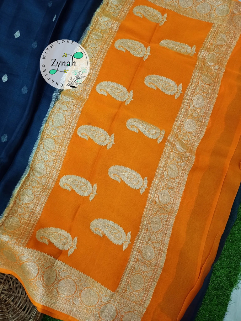 Zynah Pure Banarasi Handloom Khaddi Georgette Saree with Zari Weave; Custom Stitched/Ready-made Blouse, Fall, Petticoat; Shipping available USA, Worldwide