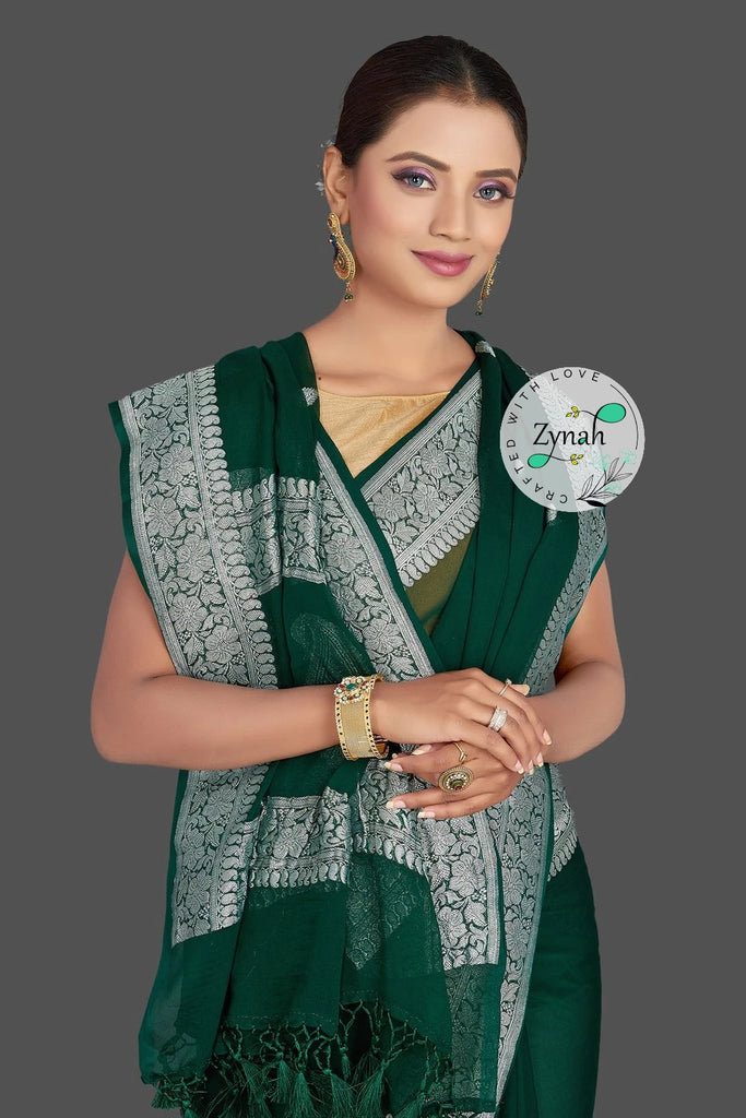 Zynah Pure Banarasi Handloom Khaddi Georgette Saree with Zari Border & Butis; Custom Stitched/Ready-made Blouse, Fall, Petticoat; Shipping available USA, Worldwide