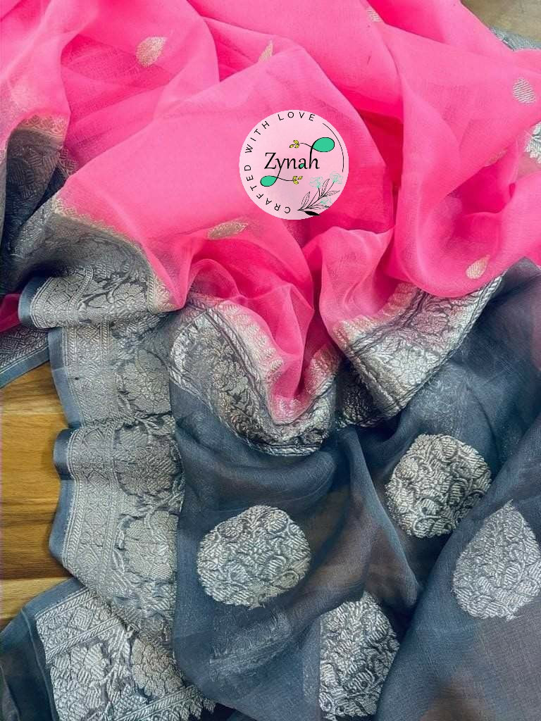 Zynah Pure Banarasi Handloom Khaddi Georgette Saree with Zari Weave; Custom Stitched/Ready-made Blouse, Fall, Petticoat; Shipping available USA, Worldwide