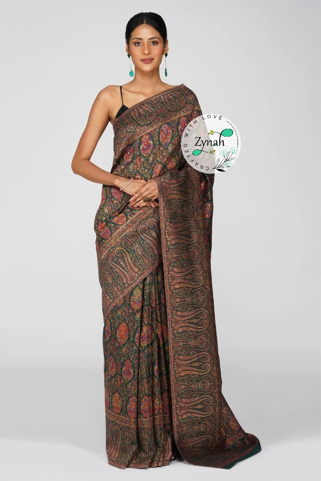 Zynah Pure Silk Kani Jamawar Saree with Grand Pallu & Border; Custom Stitched/Ready-made Blouse, Fall, Petticoat; Shipping available USA, Worldwide