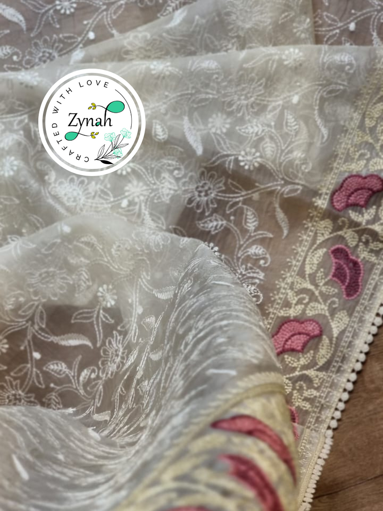 Zynah Off-White Color Pure Organza Silk Chikankari  Embroidery Saree with Crochet Lace  in Pastel Shades; Available in many colors; stitched readymade blouse,fall,petticoat,available in USA