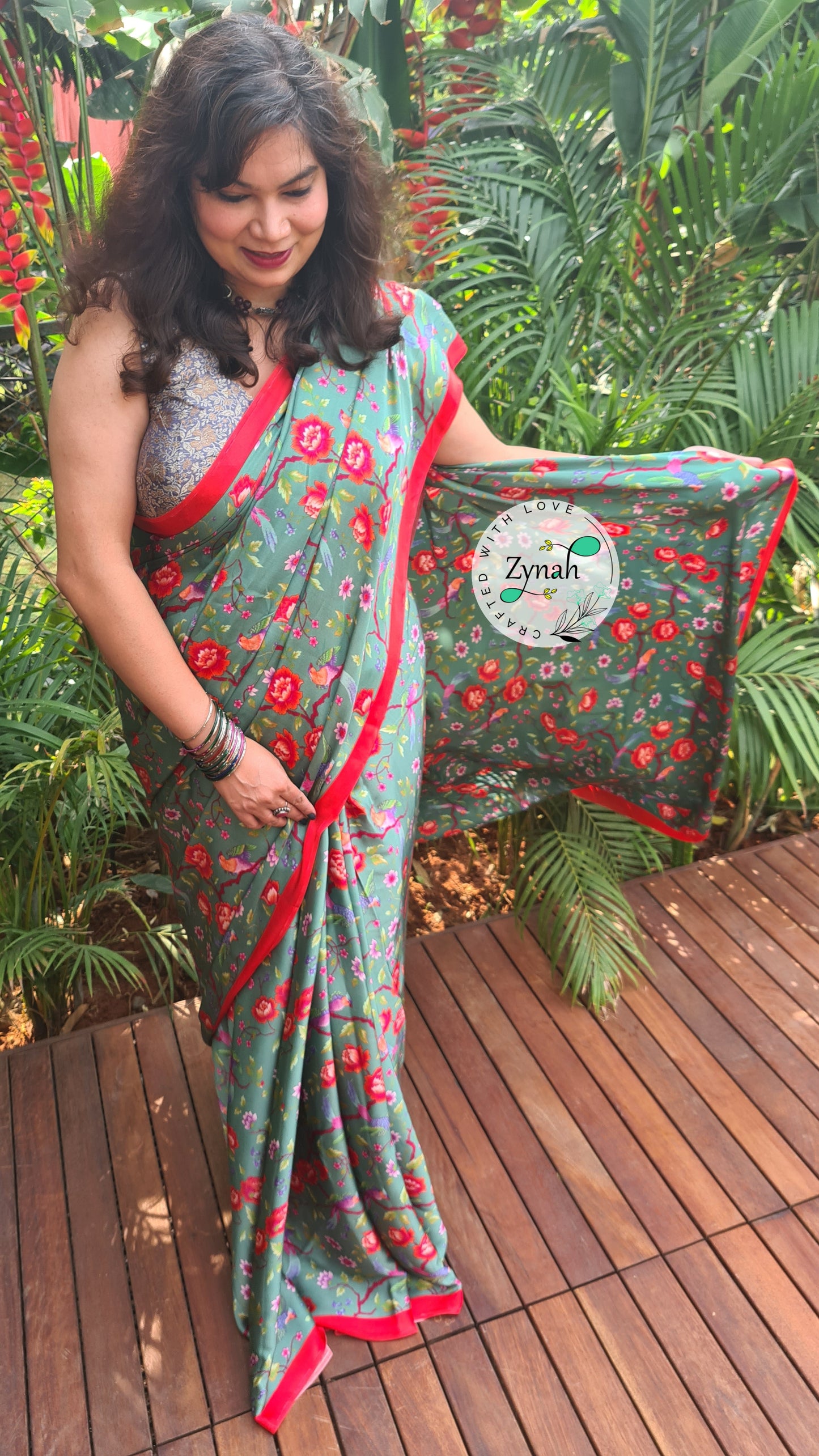 Zynah Pure Satin Silk Saree with Floral Prints; Custom Stitched/Ready-made Blouse, Fall, Petticoat; Shipping available USA, Worldwide