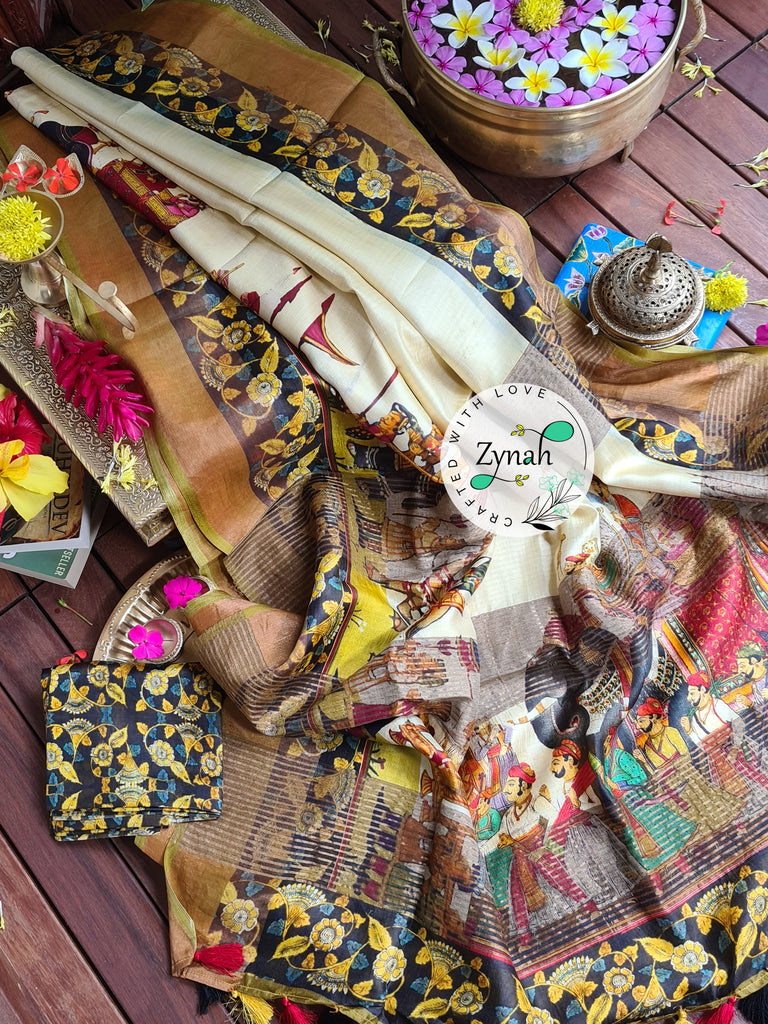 Zynah Pure Tussar Silk Saree with Digital Kalamkari Prints; Custom Stitched/Ready-made Blouse, Fall, Petticoat; Shipping available USA, Worldwide