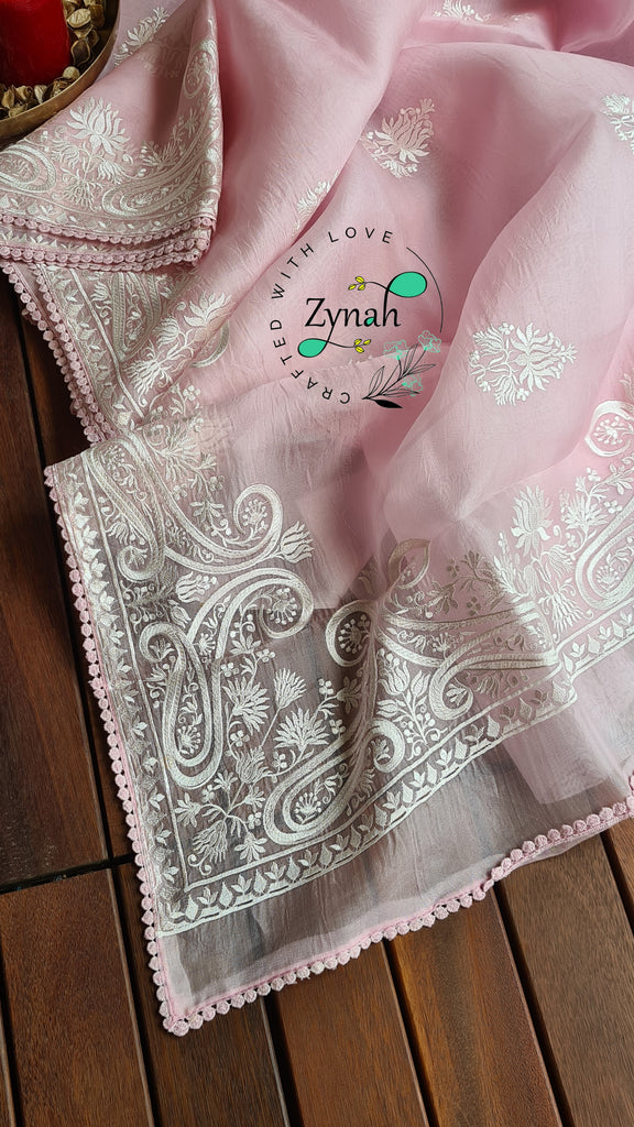 Zynah Pure Organza Silk Saree with Thread Embroidery & Crochet lace Border; Custom Stitched/Ready-made Blouse, Fall, Petticoat; Shipping available USA, Worldwide