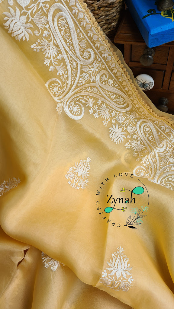 Zynah Pure Organza Silk Saree with Thread Embroidery & Crochet lace Border; Custom Stitched/Ready-made Blouse, Fall, Petticoat; Shipping available USA, Worldwide