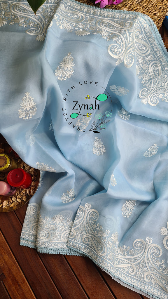 Zynah Pure Organza Silk Saree with Thread Embroidery & Crochet lace Border; Custom Stitched/Ready-made Blouse, Fall, Petticoat; Shipping available USA, Worldwide