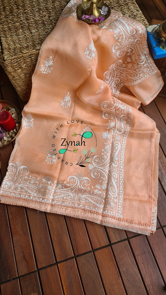 Zynah Pure Organza Silk Saree with Thread Embroidery & Crochet lace Border; Custom Stitched/Ready-made Blouse, Fall, Petticoat; Shipping available USA, Worldwide