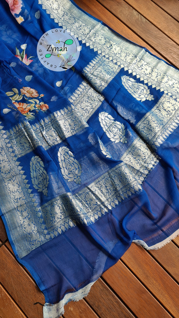 Zynah Pure Khaddi Chiffon Saree with Floral Prints & Silver Zari Weave; Custom Stitched/Ready-made Blouse, Fall, Petticoat; Shipping available USA, Worldwide