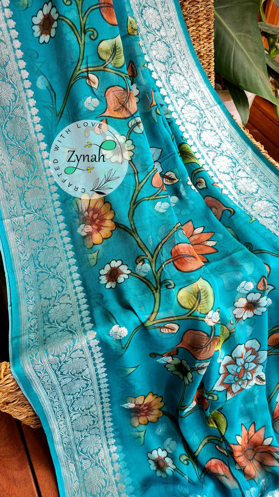 Zynah Pure Khaddi Chiffon Saree with Floral Prints & Silver Zari Weave; Custom Stitched/Ready-made Blouse, Fall, Petticoat; Shipping available USA, Worldwide