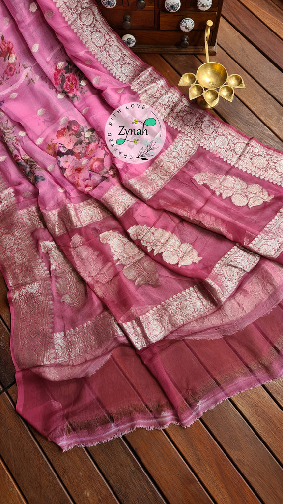 Zynah Pure Khaddi Chiffon Saree with Floral Prints & Silver Zari Weave; Custom Stitched/Ready-made Blouse, Fall, Petticoat; Shipping available USA, Worldwide