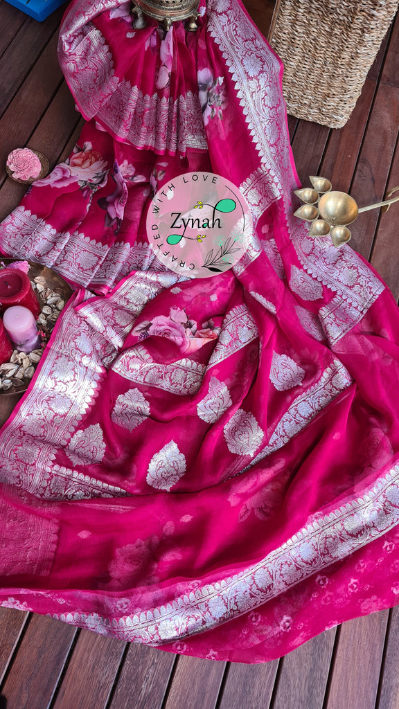 Zynah Pure Khaddi Chiffon Saree with Floral Prints & Silver Zari Weave; Custom Stitched/Ready-made Blouse, Fall, Petticoat; Shipping available USA, Worldwide