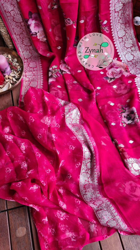 Zynah Pure Khaddi Chiffon Saree with Floral Prints & Silver Zari Weave; Custom Stitched/Ready-made Blouse, Fall, Petticoat; Shipping available USA, Worldwide
