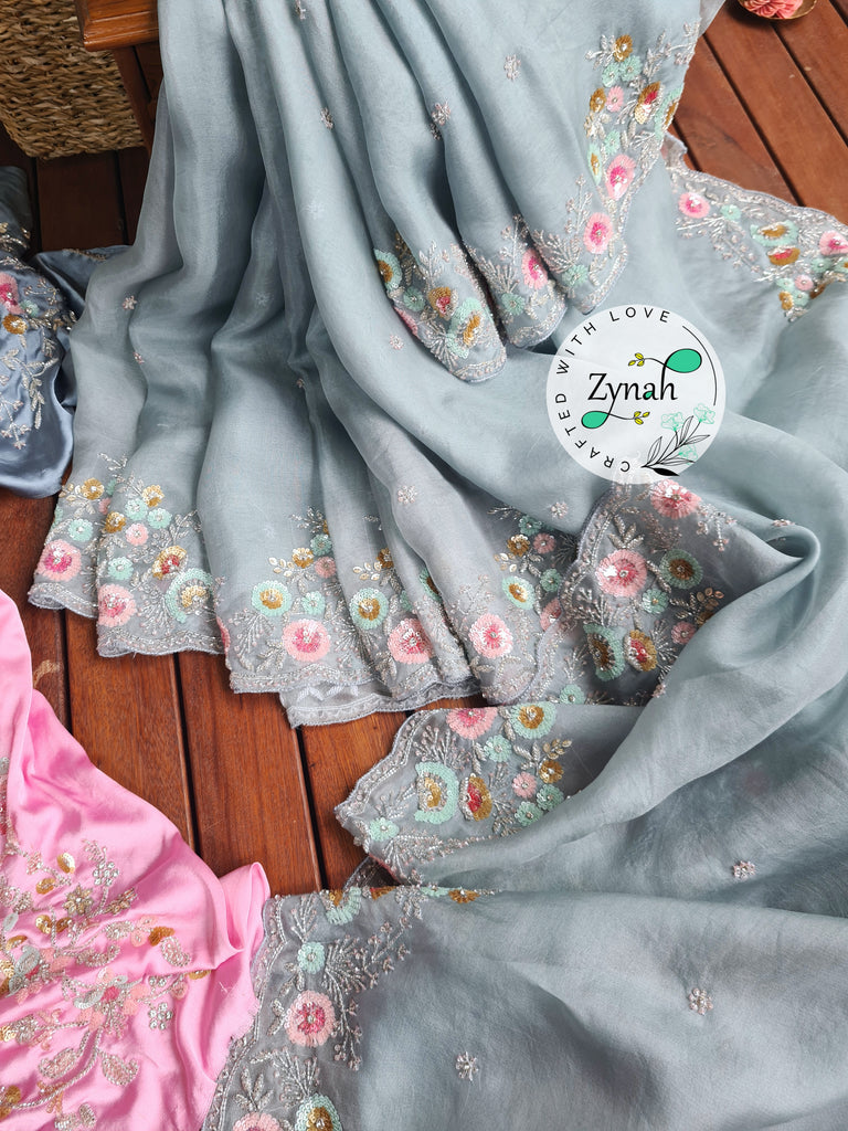 Zynah Pure Organza Silk Saree with Sequence, Beads & Cutdana Work; Custom Stitched/Ready-made Blouse, Fall, Petticoat; Shipping available USA, Worldwide
