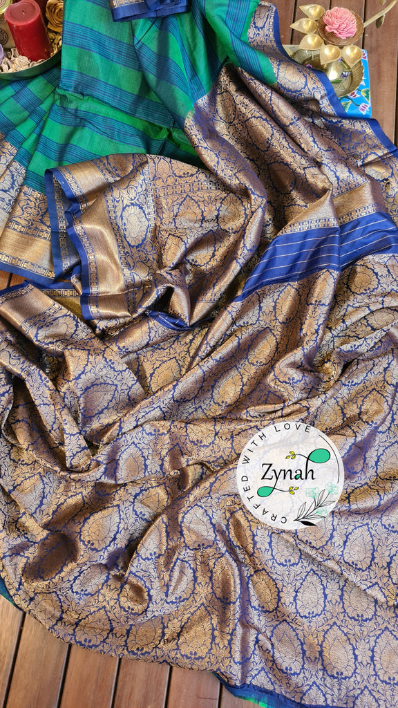 Zynah Pure Tussar Banarasi Silk Saree with Antique Zari; Custom Stitched/Ready-made Blouse, Fall, Petticoat; Shipping available USA, Worldwide