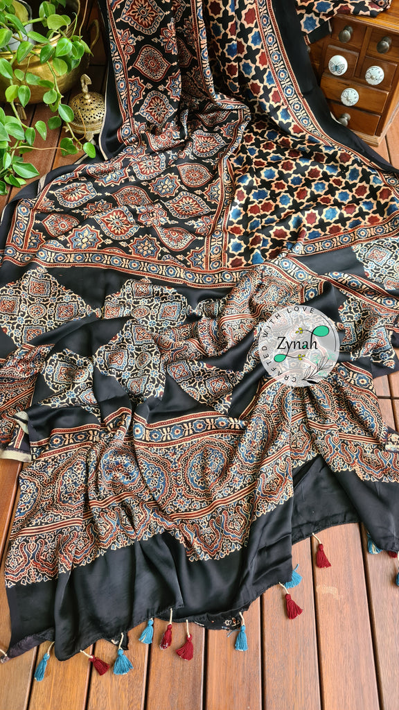 Zynah Pure Modal Silk Ajrakh Saree with Handblock Prints; Custom Stitched/Ready-made Blouse, Fall, Petticoat; Shipping available USA, Worldwide