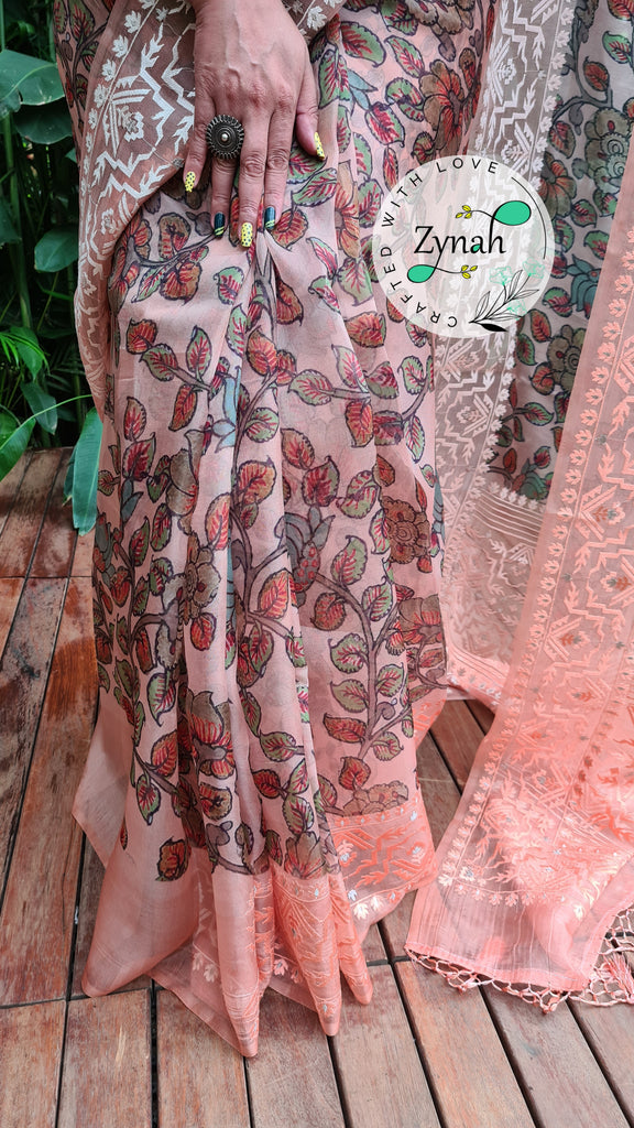 Zynah Pure Organza Silk Kalamkari Saree with Dhakai Jamdhani Thread Embroidery; Custom Stitched/Ready-made Blouse, Fall, Petticoat; Shipping available USA, Worldwide