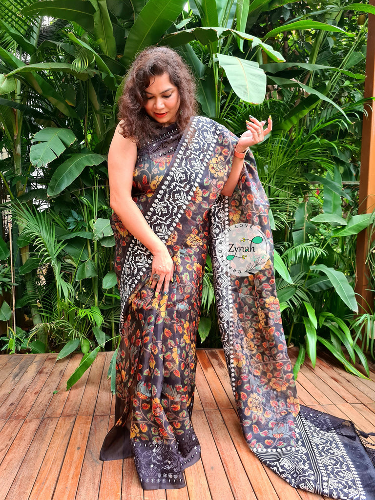 Zynah Pure Organza Silk Kalamkari Saree with Dhakai Jamdhani Thread Embroidery; Custom Stitched/Ready-made Blouse, Fall, Petticoat; Shipping available USA, Worldwide
