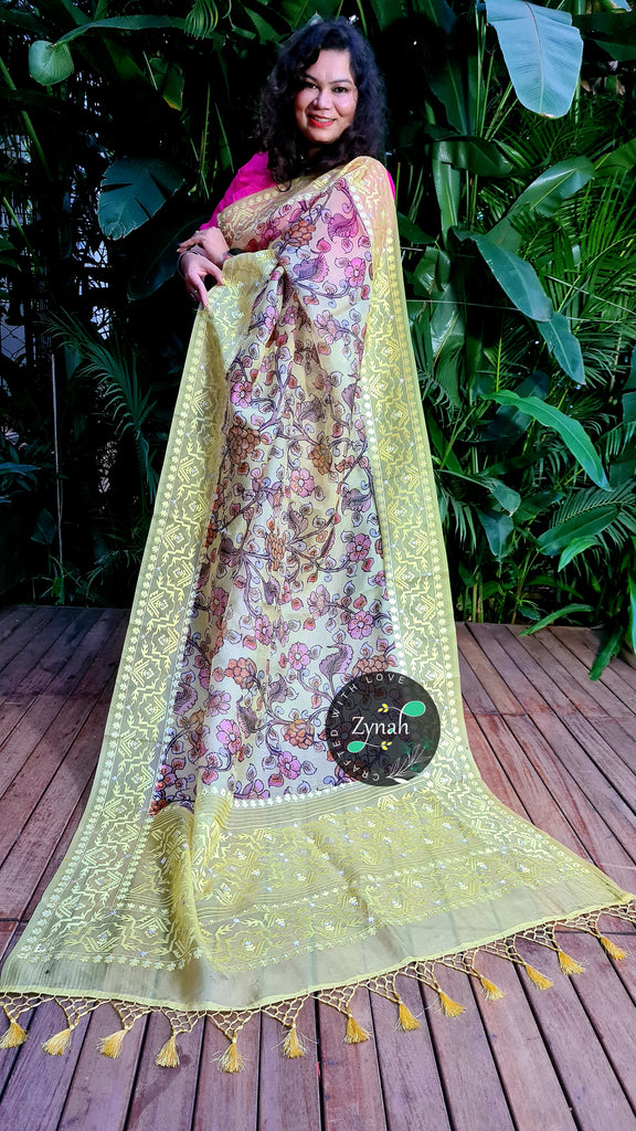 Zynah Pure Organza Silk Kalamkari Saree with Dhakai Jamdhani Thread Embroidery; Custom Stitched/Ready-made Blouse, Fall, Petticoat; Shipping available USA, Worldwide