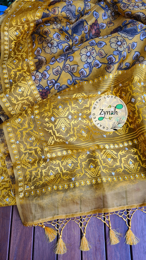 Zynah Pure Organza Silk Kalamkari Saree with Dhakai Jamdhani Thread Embroidery; Custom Stitched/Ready-made Blouse, Fall, Petticoat; Shipping available USA, Worldwide