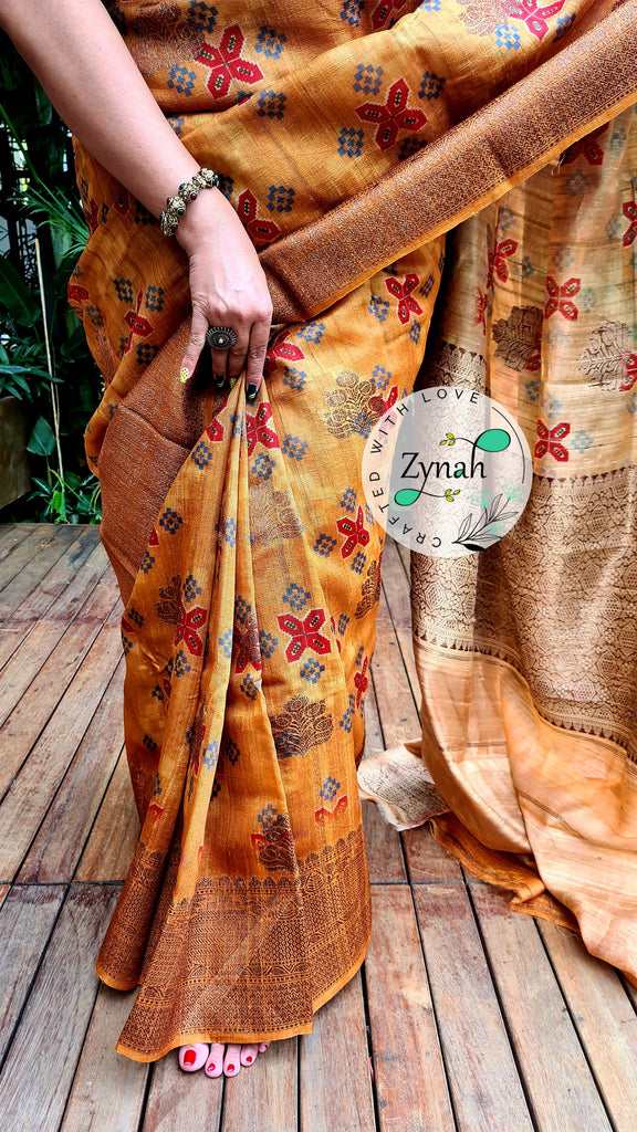 Zynah Pure Tussar Silk Banarasi Patan Patola inspired Saree with Antique zari weave; Custom Stitched/Ready-made Blouse, Fall, Petticoat; Shipping available USA, Worldwide
