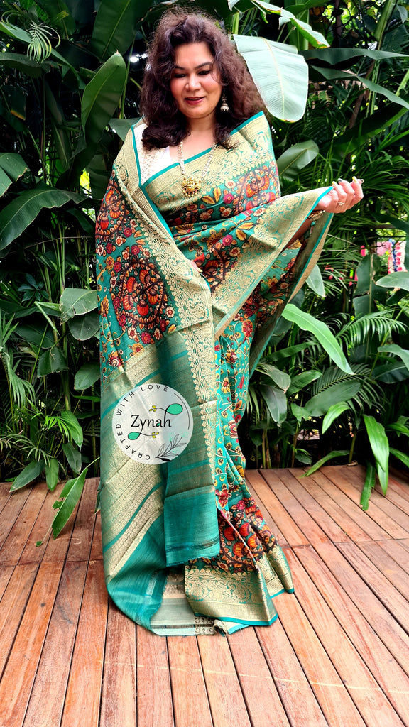 Zynah Pure Tussar Silk Banarasi Kalamkari Saree with Antique zari weave; Custom Stitched/Ready-made Blouse, Fall, Petticoat; Shipping available USA, Worldwide
