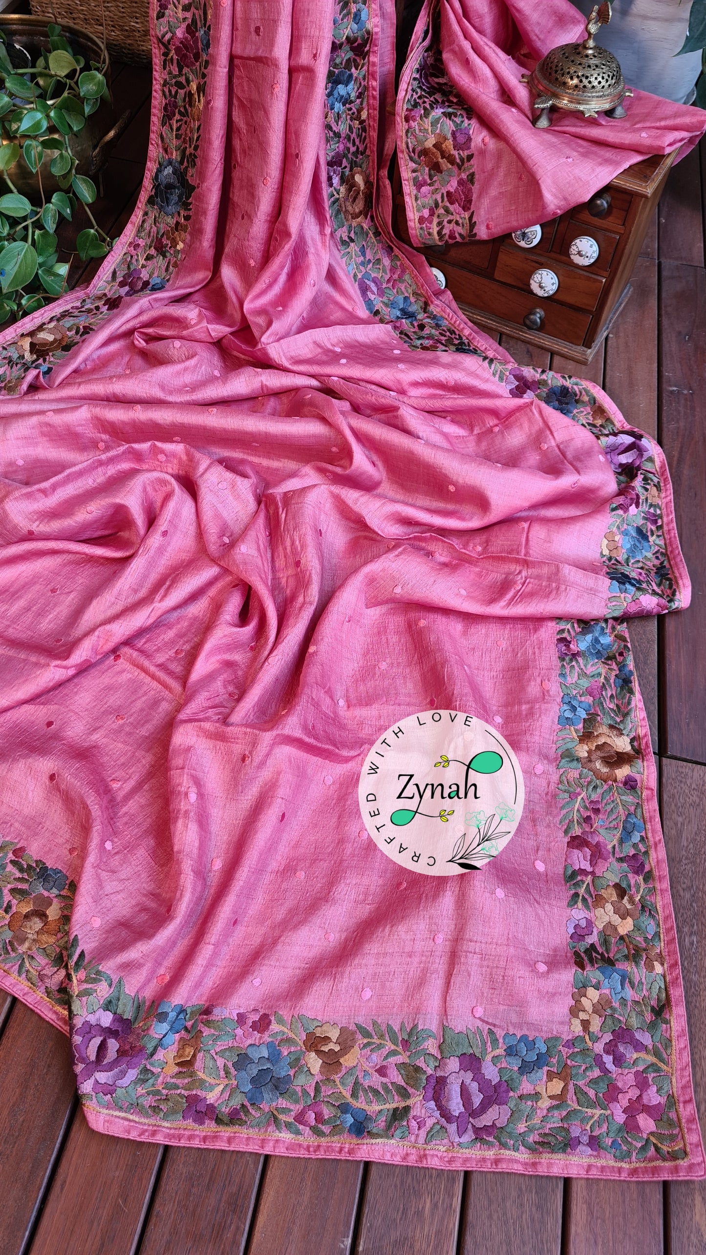 Zynah Made to Order Pure Tussar Silk Parsi Gara Handcrafted Saree; Custom Stitched/Ready-made Blouse, Fall, Petticoat; Shipping available USA, Worldwide