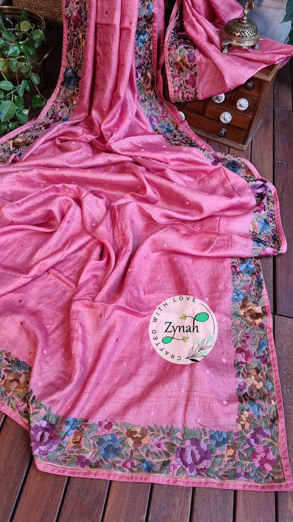 Zynah Made to Order Pure Tussar Silk Parsi Gara Handcrafted Saree; Custom Stitched/Ready-made Blouse, Fall, Petticoat; Shipping available USA, Worldwide