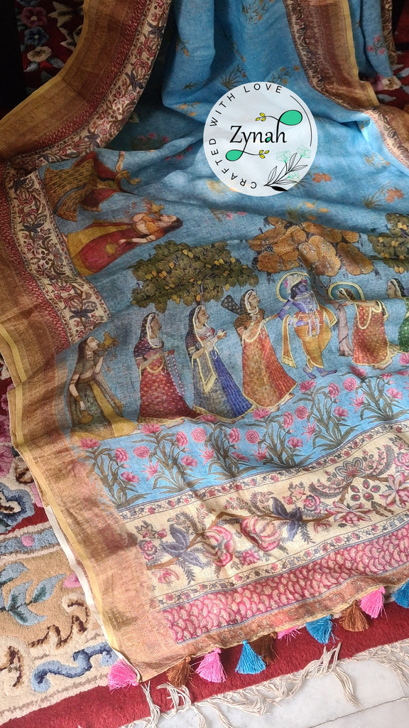 Zynah Organic Pure Linen by Linen(120c) Saree with Digital Kalamkari Prints; Custom Stitched/Ready-made Blouse, Fall, Petticoat; Shipping available USA, Worldwide