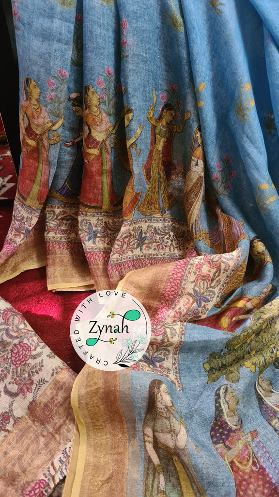Zynah Organic Pure Linen by Linen(120c) Saree with Digital Kalamkari Prints; Custom Stitched/Ready-made Blouse, Fall, Petticoat; Shipping available USA, Worldwide