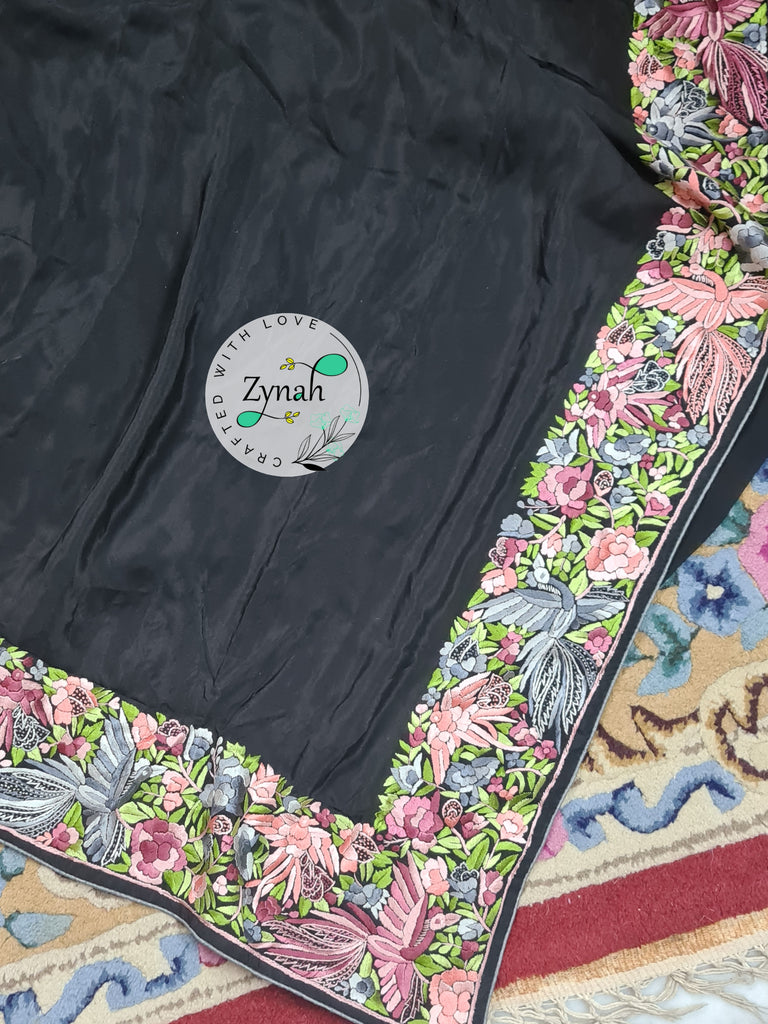 Zynah Made to Order Black Pure Crepe Silk Parsi Gara Handcrafted Saree; Custom Stitched/Ready-made Blouse, Fall, Petticoat; Shipping available USA, Worldwide