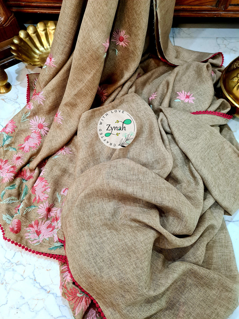 Zynah Pure Jute Muslin Embroidery Saree with Crochet lace; Custom Stitched/Ready-made Blouse, Fall, Petticoat; Shipping available USA, Worldwide