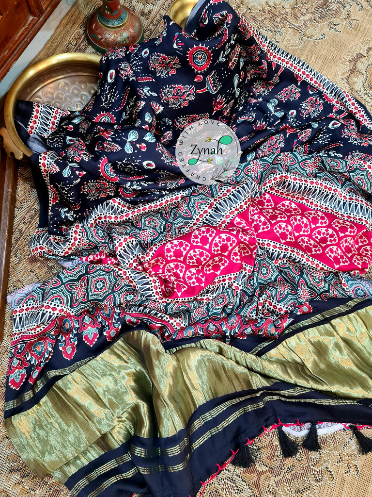 Zynah Pure Gajji Silk Ajrakh Saree with tissue zari pallu & Handblock Printed; Custom Stitched/Ready-made Blouse, Fall, Petticoat; Shipping available USA, Worldwide