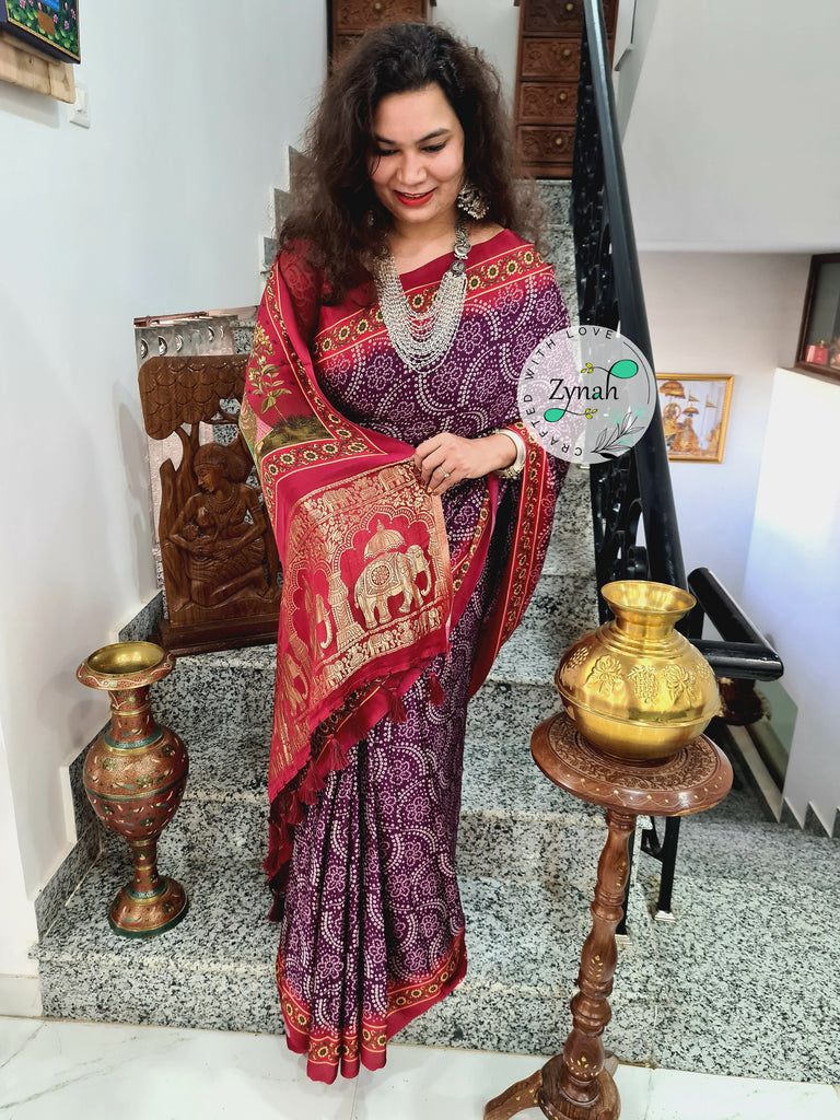 Zynah Pure Gajji Silk Saree with Bandhani & Pichwai Prints, Amdavadi Pallu; Custom Stitched/Ready-made Blouse, Fall, Petticoat; Shipping available USA, Worldwide