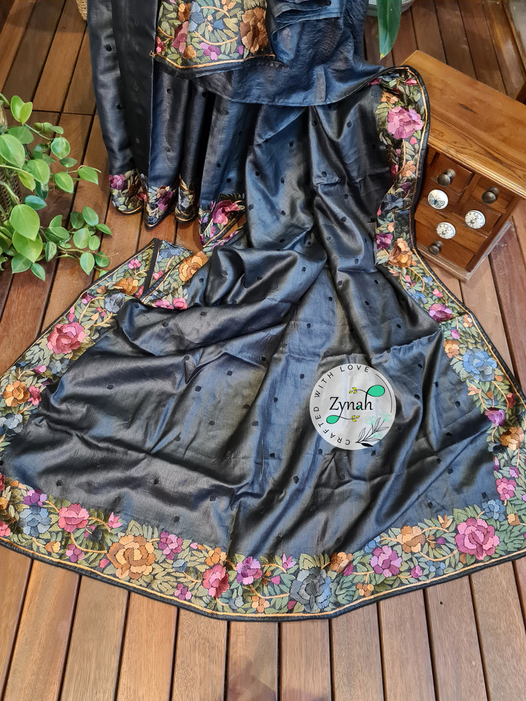 Zynah Made to Order Pure Tussar Silk Parsi Gara Handcrafted Saree; Custom Stitched/Ready-made Blouse, Fall, Petticoat; Shipping available USA, Worldwide