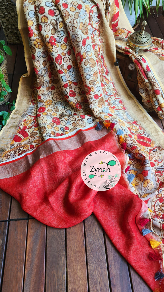 Zynah Kalamkari Organic Lab Tested 120 Count pure 'Linen by Linen' Saree; Custom Stitched/Ready-made Blouse, Fall, Petticoat; Shipping available USA, Worldwide