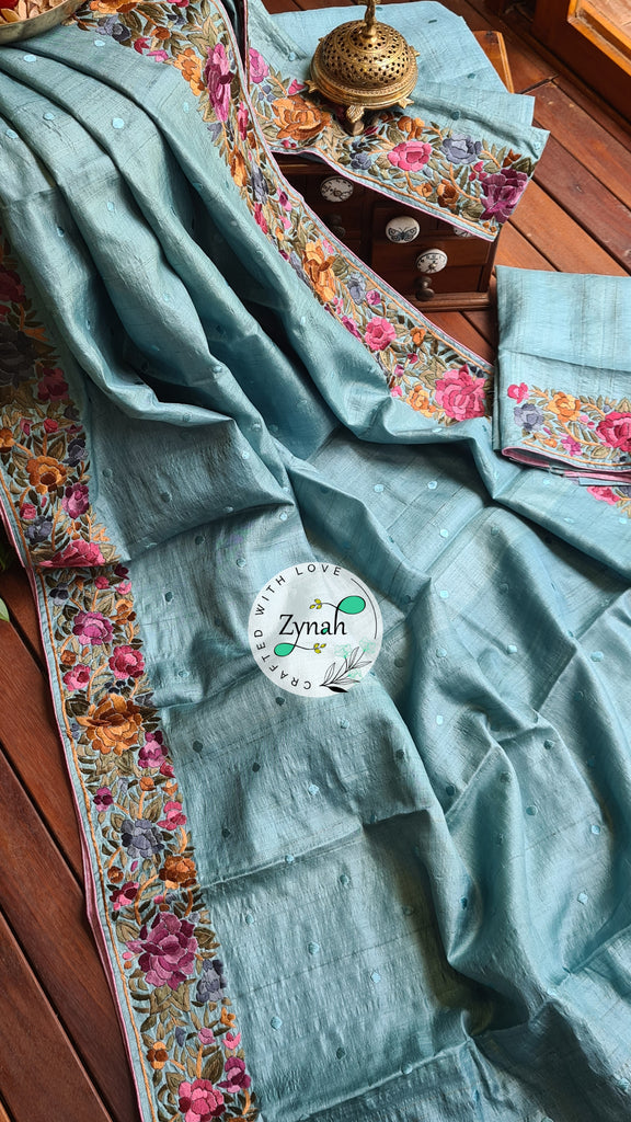 Zynah Made to Order Pure Tussar Silk Parsi Gara Handcrafted Saree; Custom Stitched/Ready-made Blouse, Fall, Petticoat; Shipping available USA, Worldwide