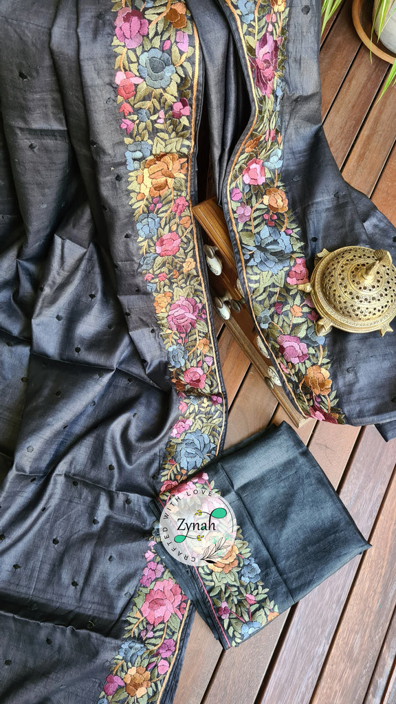 Zynah Made to Order Pure Tussar Silk Parsi Gara Handcrafted Saree; Custom Stitched/Ready-made Blouse, Fall, Petticoat; Shipping available USA, Worldwide