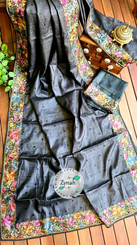 Zynah Made to Order Pure Tussar Silk Parsi Gara Handcrafted Saree; Custom Stitched/Ready-made Blouse, Fall, Petticoat; Shipping available USA, Worldwide