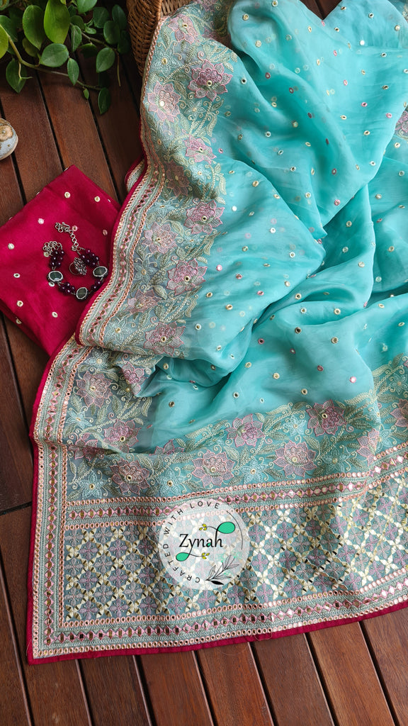 Zynah Pure Organza Silk Saree with Foil Mirror Work & Thread Embroidery; Custom Stitched/Ready-made Blouse, Fall, Petticoat; Shipping available USA, Worldwide