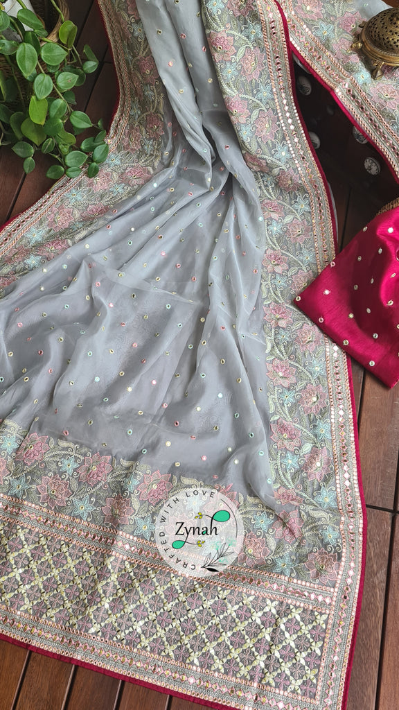 Zynah Pure Organza Silk Saree with Foil Mirror Work & Thread Embroidery; Custom Stitched/Ready-made Blouse, Fall, Petticoat; Shipping available USA, Worldwide