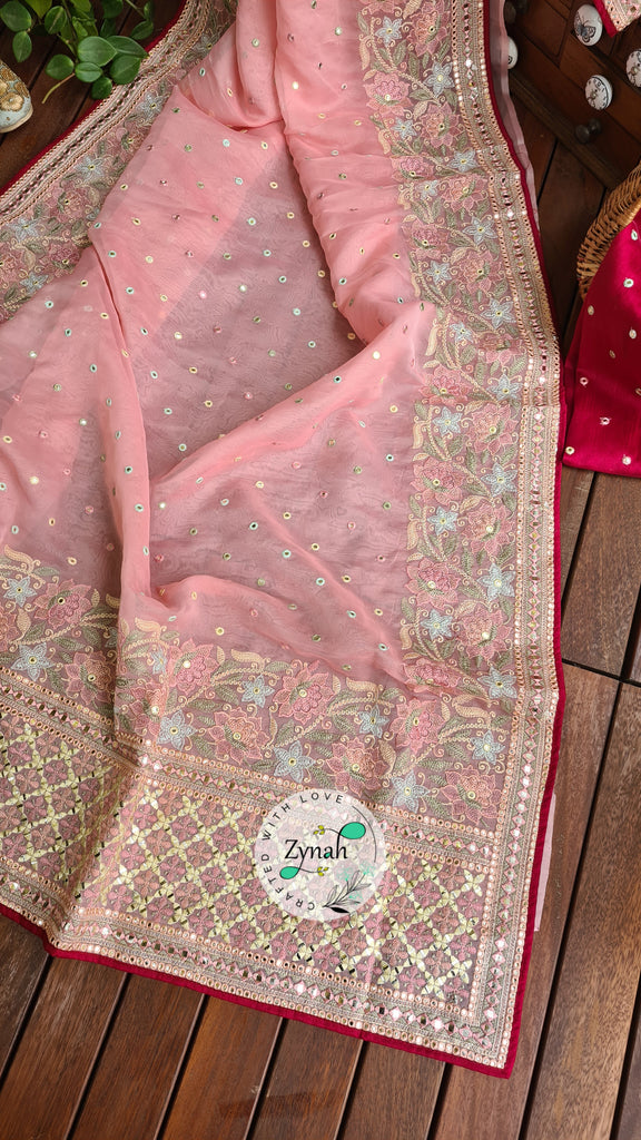 Zynah Pure Organza Silk Saree with Foil Mirror Work & Thread Embroidery; Custom Stitched/Ready-made Blouse, Fall, Petticoat; Shipping available USA, Worldwide