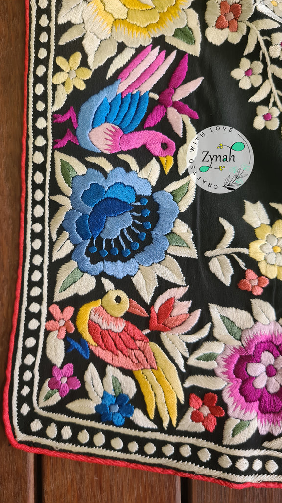 Zynah Pure Crepe Silk Parsi Gara Handcrafted Saree; Custom Stitched/Ready-made Blouse, Fall, Petticoat; Shipping available USA, Worldwide