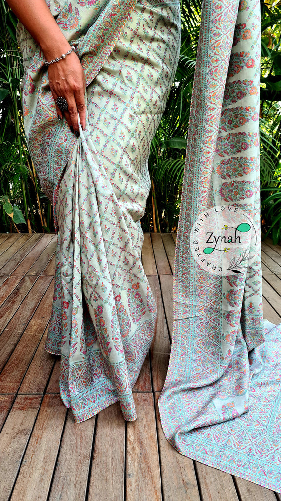Zynah Pure Silk Kani Jamawar Style Saree with Grand Pallu & Border; Custom Stitched/Ready-made Blouse, Fall, Petticoat; Shipping available USA, Worldwide
