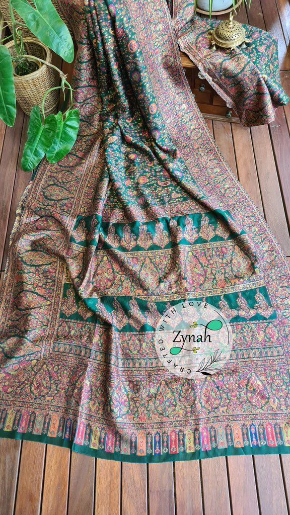 Zynah Green Kashmiri Pure Kani Silk Jamavar Saree | Kashmiri Traditional Pashmina Pure Silk Kani Saree; Custom Stitched/Ready-made Blouse, Fall, Petticoat; SKU: 0903202206