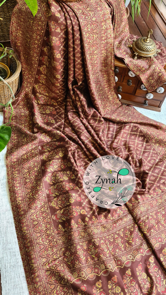 Zynah Pure Silk Kani Jamawar Style Saree with Grand Pallu & Border; Custom Stitched/Ready-made Blouse, Fall, Petticoat; Shipping available USA, Worldwide