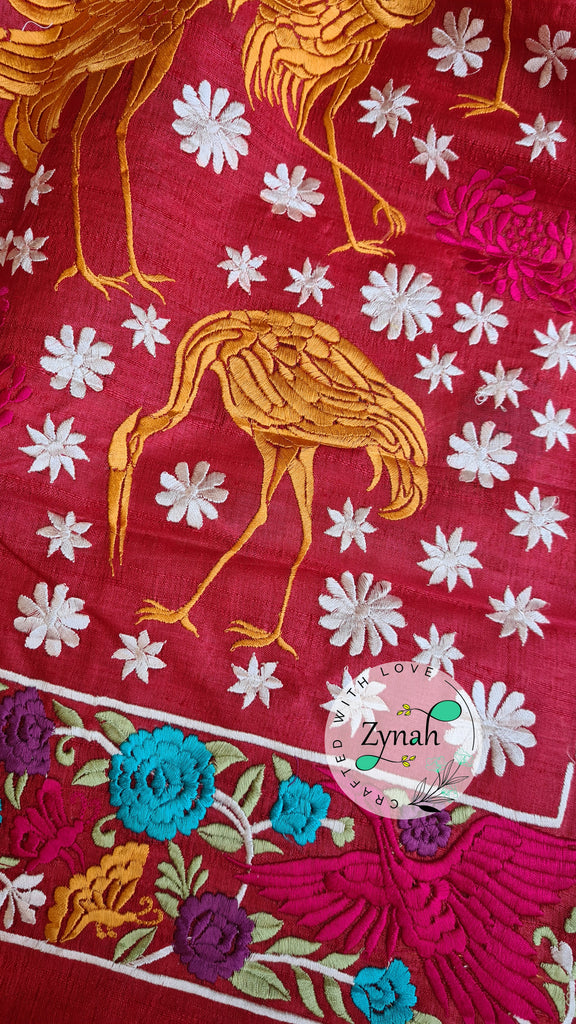 Zynah Pure Tussar Silk Parsi work Inspired Saree, Flamingo Bird Motifs; Custom Stitched/Ready-made Blouse, Fall, Petticoat; Shipping available USA, Worldwide