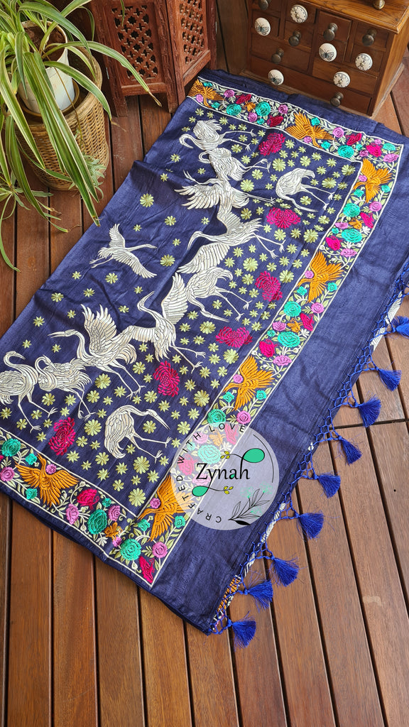 Zynah Pure Tussar Silk Parsi work Inspired Saree, Flamingo Bird Motifs; Custom Stitched/Ready-made Blouse, Fall, Petticoat; Shipping available USA, Worldwide