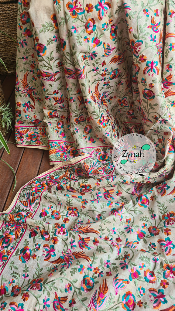 Zynah Pure Tussar Silk Parsi work Inspired Saree, Flamingo Bird Motifs; Custom Stitched/Ready-made Blouse, Fall, Petticoat; Shipping available USA, Worldwide